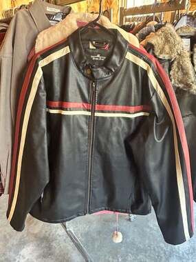 Brave Soul Vintage Black Faux Leather Moto Jacket with Red and White Racing Stri